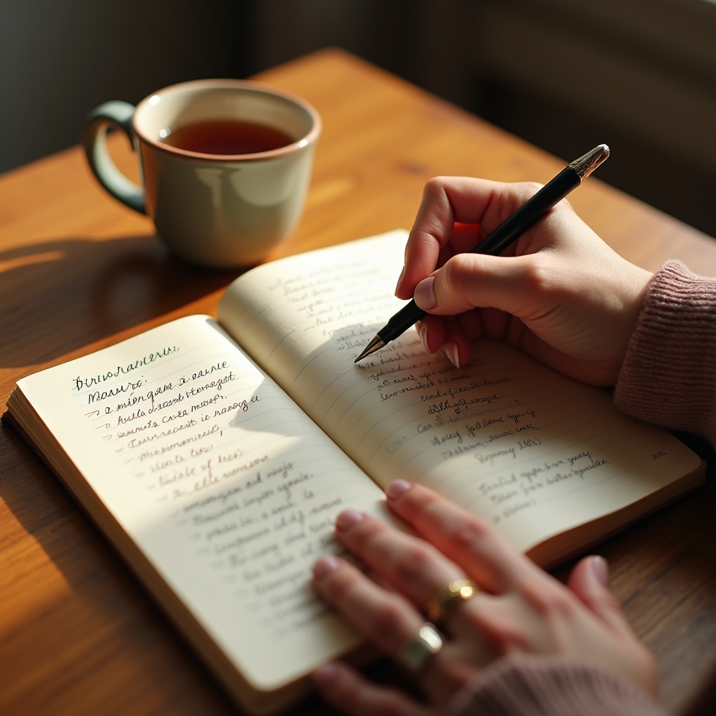 Persona adulta che scrive su un diario aperto, vista dall'alto, con tazza di caffè accanto, luce mattutina calda e atmosfera riflessiva