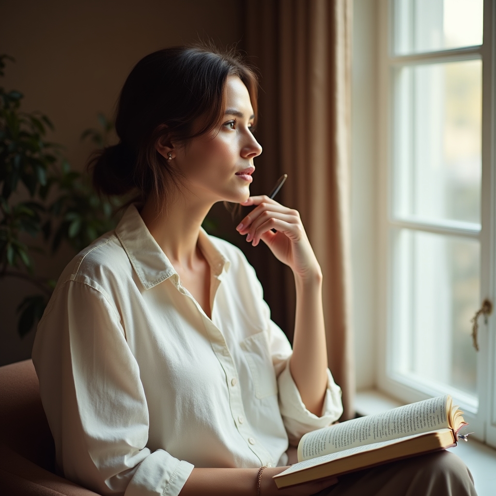 Persona adulta seduta vicino a una finestra con luce naturale, con quaderno aperto e penna, espressione pensierosa e serena