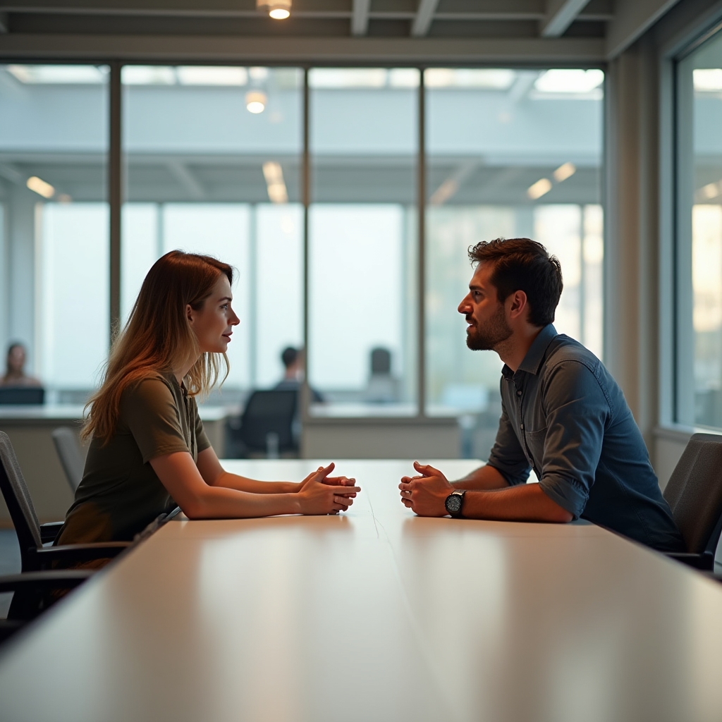 Due adulti in conversazione professionale in ufficio moderno con luce naturale, espressioni attente e posture aperte, atmosfera costruttiva