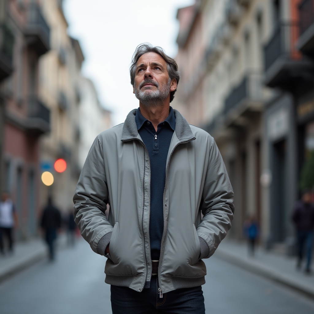 Adulto in pausa riflessiva con sguardo verso l'alto, in ambiente urbano moderno, espressione di consapevolezza e controllo