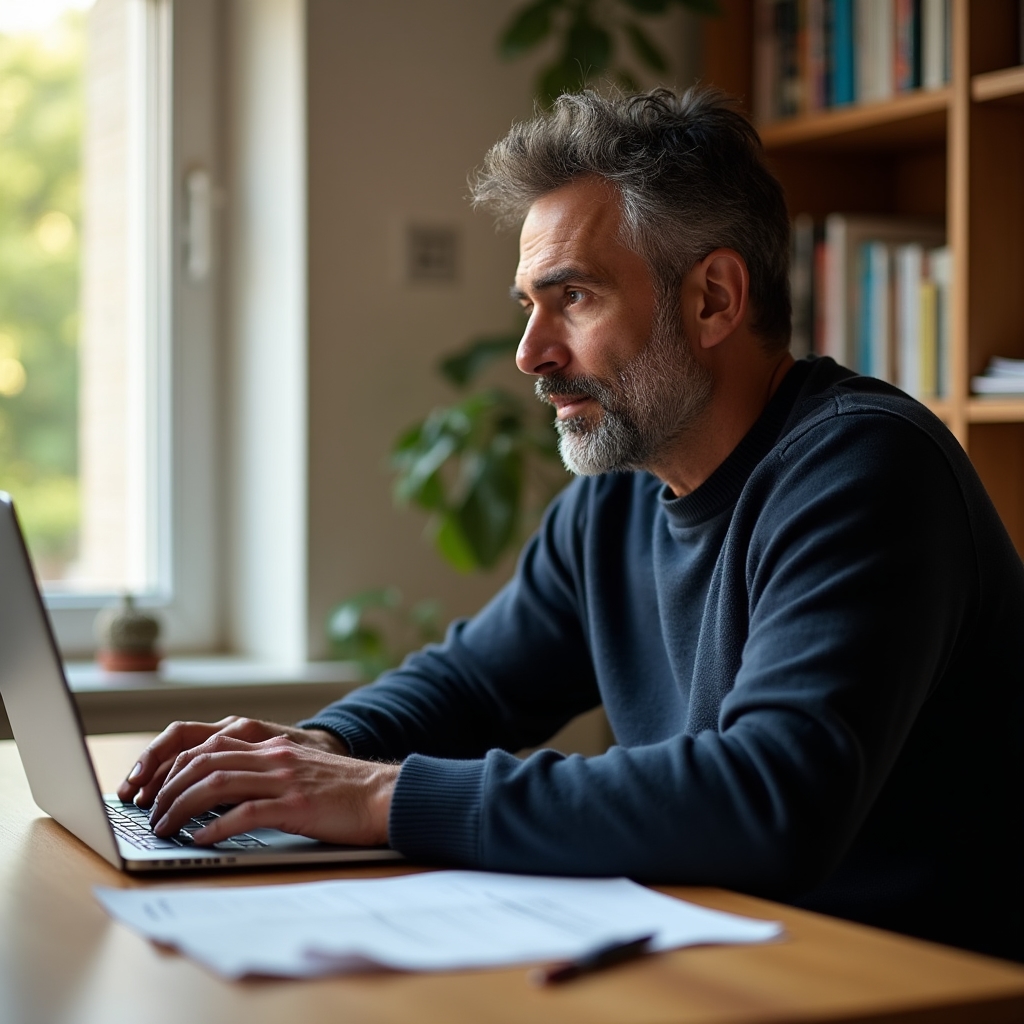 Persona adulta che segue un percorso formativo online su laptop in ambiente domestico luminoso e tranquillo