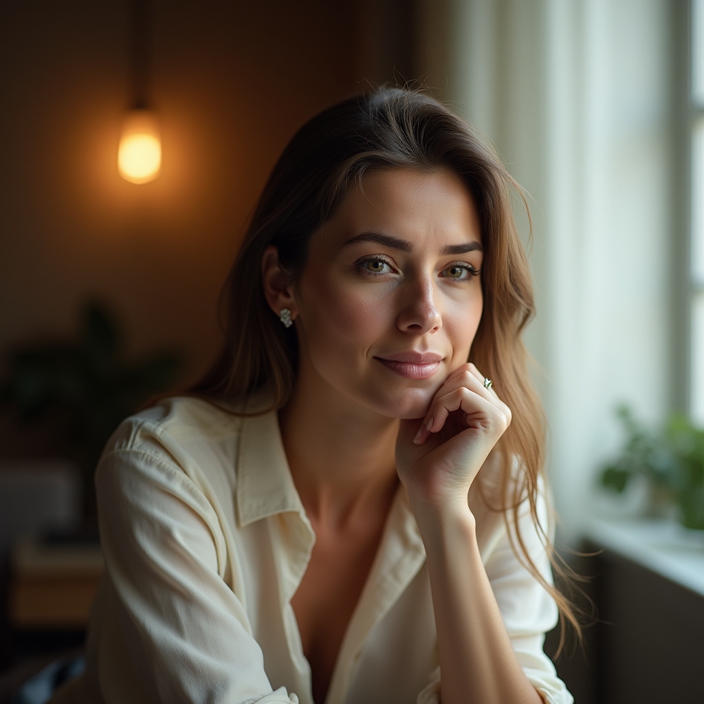 Adulto in momento di riflessione personale con luce naturale, espressione concentrata e consapevole