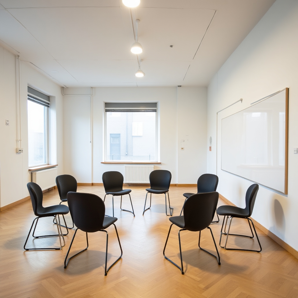 Spazio formativo IvanQor Hub a Torino, sala luminosa con sedie in cerchio e pareti bianche, atmosfera accogliente e professionale