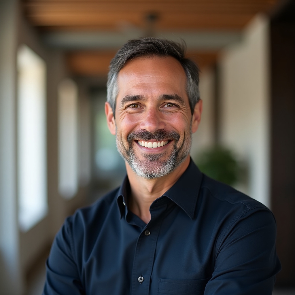 Formatore uomo di circa 40 anni, sorridente, in abbigliamento professionale casual, sfondo luminoso ufficio moderno