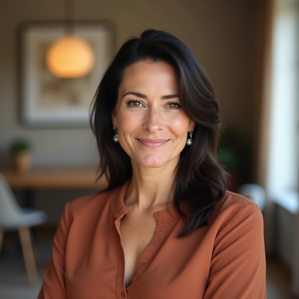 Formatrice donna di circa 38 anni, espressione aperta e professionale, capelli scuri, abbigliamento smart casual, luce naturale